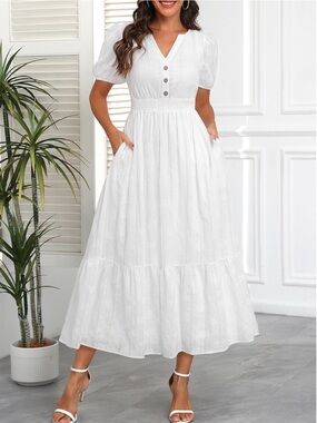 White Eyelet Midi Dress with Smocked Waist